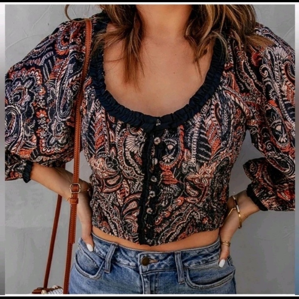 Free People Dare Me Velvet Paisley Cropped Ballon Sleeve Open Back Blouse Large